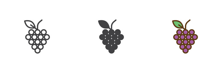 Fototapeta premium Grapes fruit bunch different style icon set. Line, solid and filled outline colorful icon, vector sign and symbol. Grapes icon for grocery, wine making and fresh food icon.
