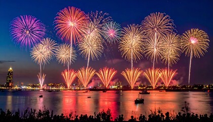 Vibrant fireworks display over a calm water body at night, creating a colorful spectacle