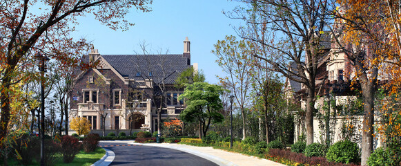 Obraz premium Victorian Mansion with Ivy and Autumn Foliage Along Tree-Lined Drive