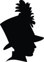 Man with top hat silhouette, gentleman profile portrait icon, vintage Victorian style head, black and white vector illustration © Miss