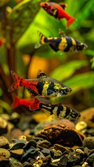 Colorful fish swim in a vibrant tank with green plants and rocky substrate