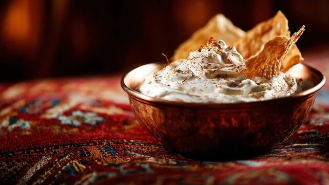 Close-up of a copper bowl filled with whipped cream, garnished with spices and chips