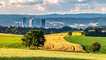 A scenic view of rolling fields with a distant city skyline under a partly cloudy sky
