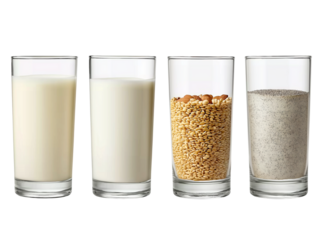 Four Glasses of Plant-Based Milk and Ingredients almond isolated on a transparent background