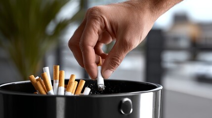 Hand discarding a cigarette into a sleek black trash bin, mid-motion, with a bright background symbolizing a fresh start and the journey of quitting smoking, capturing a moment of change