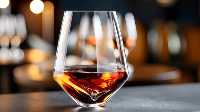 Elegant glass filled with amber liquid sits on a dark surface, showcasing the rich color and reflections, with blurred background elements enhancing the visual depth and focus
