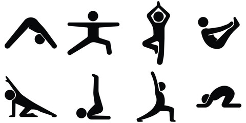 Yoga stickman pose set, Fitness stretching silhouette pack, Meditation exercise figure collection