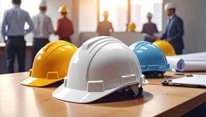 A collection of safety helmets in various colors placed on a table with silhouettes of people in the background