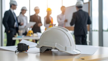 A construction team in hard hats collaborates around a table with blueprints and tools visible