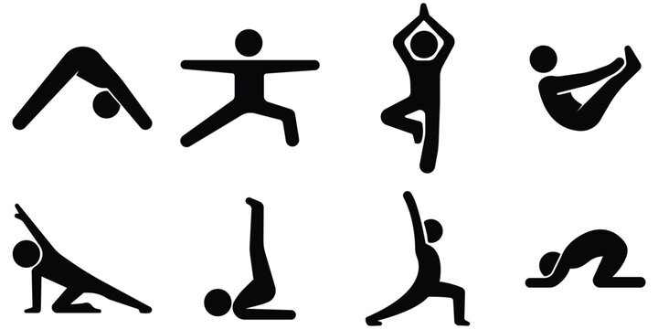 Yoga stickman pose set, Fitness stretching silhouette pack, Meditation exercise figure collection