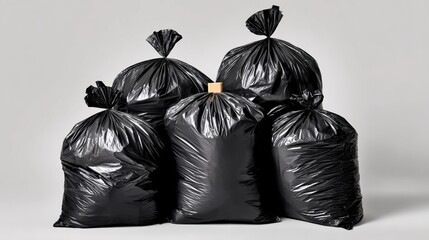 Pile of black plastic trash bags stacked together on a clean minimal background, showcasing the contrast of waste against a softbox studio lighting setup for commercial photography