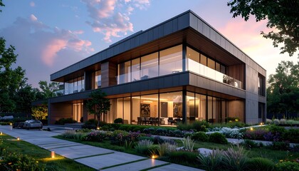 A modern house with large glass windows surrounded by a well-manicured garden at sunset