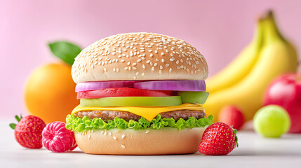 Colorful vegan burger made from plant based ingredients, surrounded by fresh fruits on a pastel background, concept of healthy alternative food, balance and modern lifestyle.