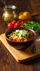 Hearty soup in bowl topped with cheese, wooden board, and background items create a warm, rustic food scene
