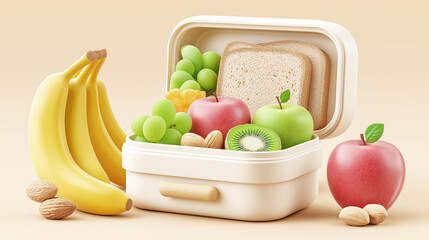 Lunchbox with healthy snacks, fresh fruits, and vegetables. Healthy, balanced diet for the whole family.