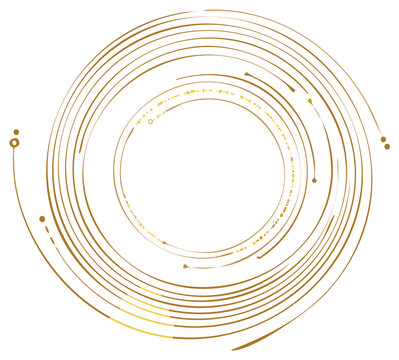 Abstract gold vortex with hand-drawn concentric lines and futuristic data points