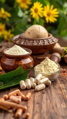 Herbal remedies Capsules, powders, and a round item displayed on a wood surface amidst greenery and yellow flowers