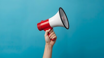 Human hand raising a red and white megaphone upward, dynamic angle, isolated background