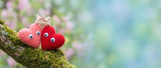 Surreal and silly hearts embrace on a mossy branch in nature captured in a playful and whimsical environment