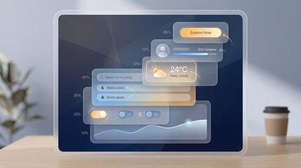 A smart home device displaying various information on its screen, sitting on a wooden table next to a coffee cup.