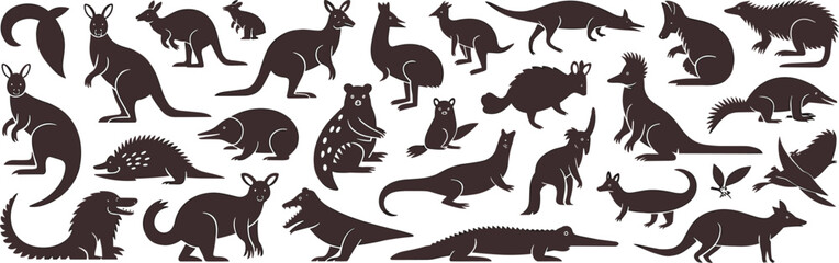 Australian animal silhouettes, kangaroo, koala, platypus, echidna, wombat, emu, crocodile, native wildlife, vector illustration, cartoon icons