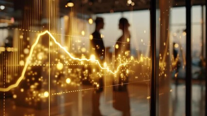 Two professionals engage in discussion while a marketing data visualization displays on a screen. The sun sets, creating a warm glow in the office space.