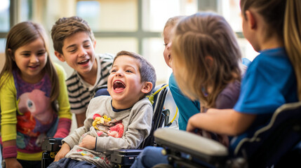 Obraz premium Happy Children Laughing with Disabled Boy in Wheelchair