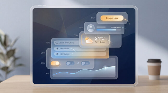 A smart home device displaying various information on its screen, sitting on a wooden table next to a coffee cup. - Powered by Adobe