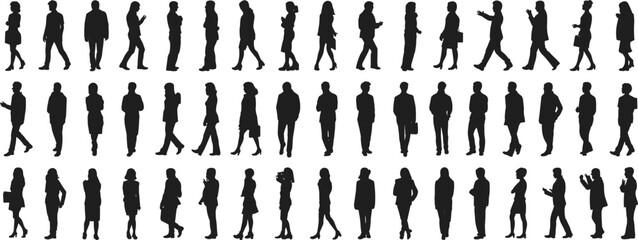 Business people silhouettes, walking poses, standing figures, casual attire, professional clothing, urban crowd, diverse individuals, black icons, vector illustration, isolated design