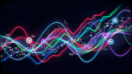 A vibrant and dynamic digital graph with colorful neon lines and data points on a dark background, representing complex information and analytics.