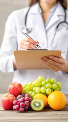 Medical worker holds a blank tablet with fruits next to it as a symbol of vitamins and antioxidants, concept of preventative medicine and health.