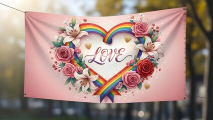 Vibrant pink banner with heart and rainbow design celebrating love outdoors