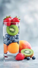 Fresh fruits neatly arranged next to a glass of water and a smoothie jar on a light background. Detox, body cleansing, healthy nutrition, and hydration balance concept