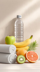 Scene with fresh fruits placed next to sports accessories such as a water bottle or towel, representing natural energy, active lifestyle, fitness balance and daily health support.