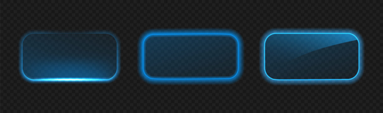 Neon blue button frame isolated on black. Border set with light effect.