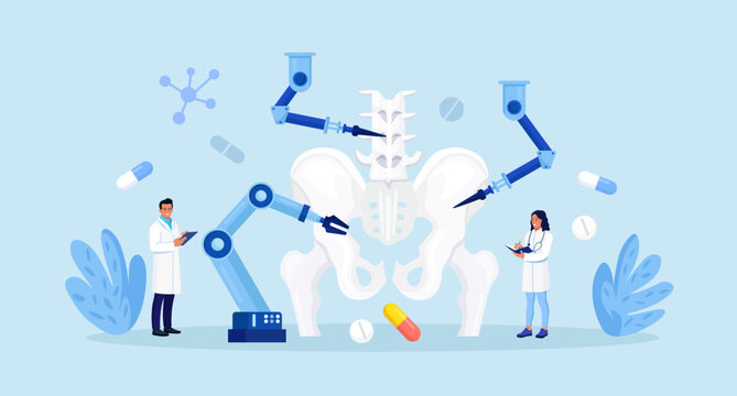 Robot arms operating healing hip bone joint. Robotic surgery. Machine surgeon and disease diagnostics. Spine backbone disease diagnostics. Medical technologies innovation for  pelvic injury treatment