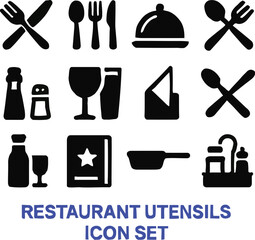 Restaurant Utensils Icon Set for Culinary and Hospitality Businesses, Featuring Cutlery, Dishes, and Kitchenware for Menus and Signage