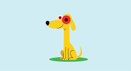 Fototapeta premium Cheerful yellow cartoon dog with large red and black eyes sitting on a patch of green grass against a light blue background.