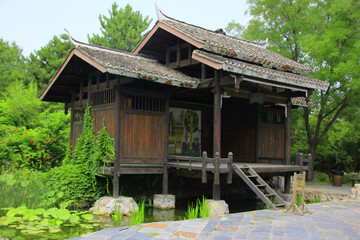 Traditional Chinese Wooden Pavilion Over Water Garden Beijing
