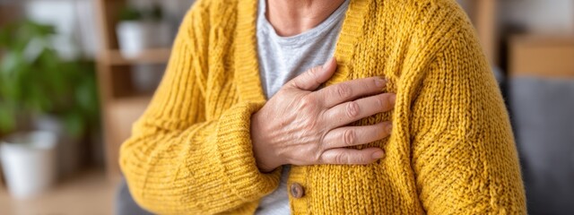 Woman holds her chest while sitting on a couch in her living room during the day