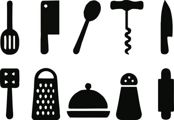 Essential kitchen utensils and cooking tools collection featuring clean silhouette icons for food preparation, culinary design, and graphic resources, ideal for various projects