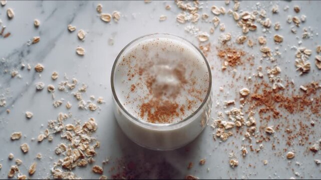 Overhead view of a milky drink with cinnamon sprinkled on top, surrounded by scattered oats