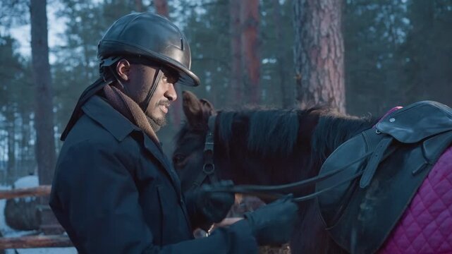 carefully inspecting leather and buckles before ride, meticulous horse tack preparation in evening pine paddock, dusk scene showing professional preparing horse tack with precision