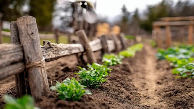 Medium shot of ecofriendly fencing around a garden creating a protective barrier to keep pests away naturally.