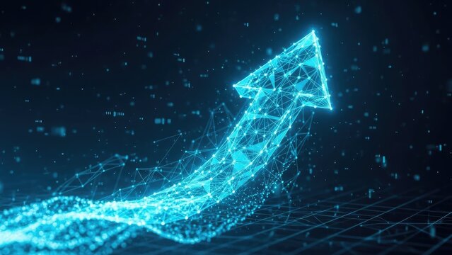 Glowing blue arrow pointing upwards in a digital network - Powered by Adobe