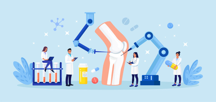 Robot arms operating healing knee joint bone. Robotic surgery. Modern reproductive system treatment. Medical technologies innovation. Doctor treating osteoarthritis, rheumatism, arthritis with AI