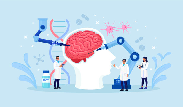 Neurosurgery robot operation. Surgeon controls robotic arms for brain surgery. Doctor analyzes digital brain with artificial intelligence. Innovation neuroscience, AI diagnosis and robotic surgery