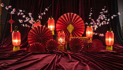 A festive cultural display featuring red lanterns, fans, and fabric on a draped stage with cherry blossoms in the background.