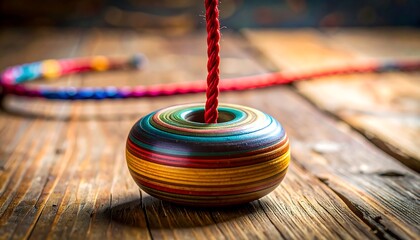 Colorful wooden spinning top with rope on rustic wood, soft bokeh background