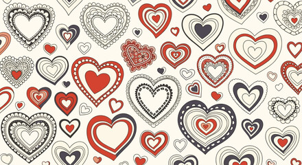 Fototapeta premium Beautiful vintage pattern showcases a variety of decorative hand drawn hearts in different styles and colors like red and gray.